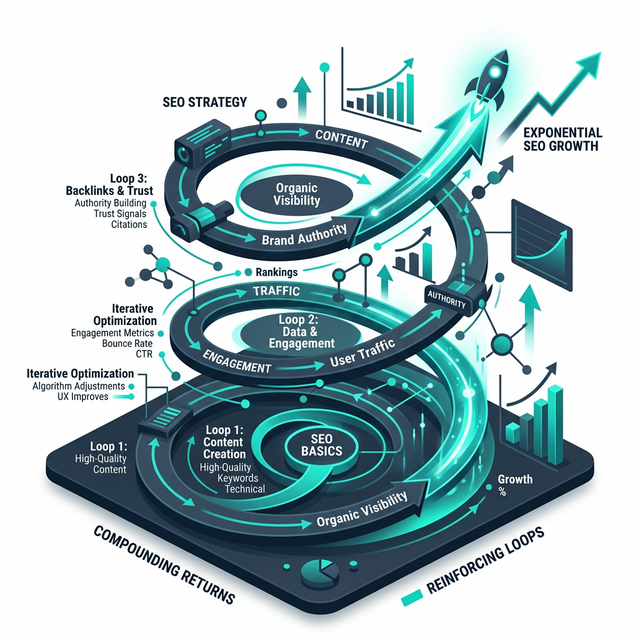 Compounding visualization of the London SEO growth loop and iterative gains